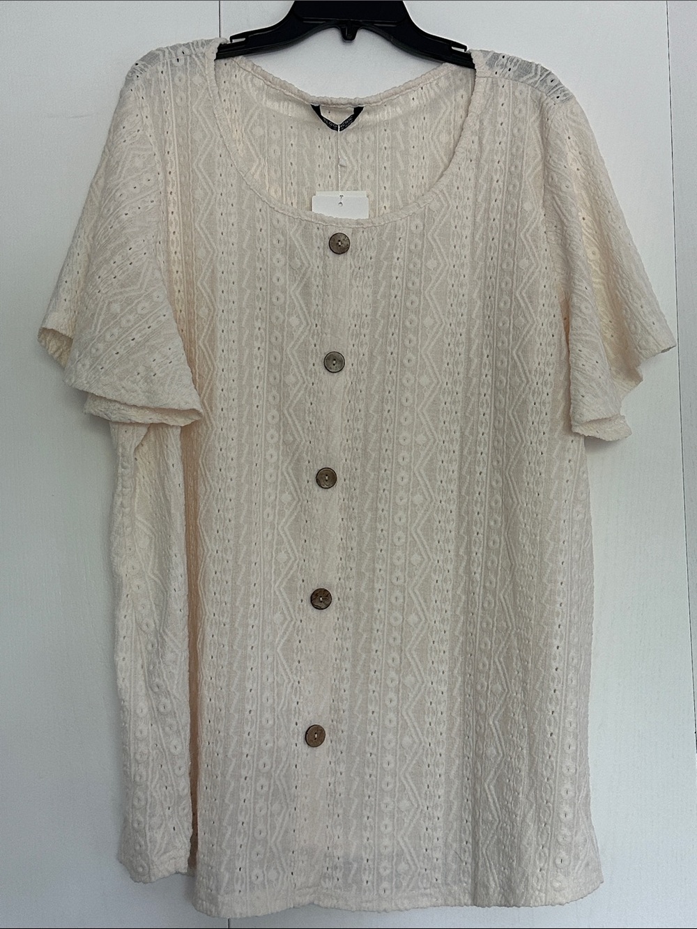 BloomChic Cream Textured Wooden Button-Front Short Sleeve Top